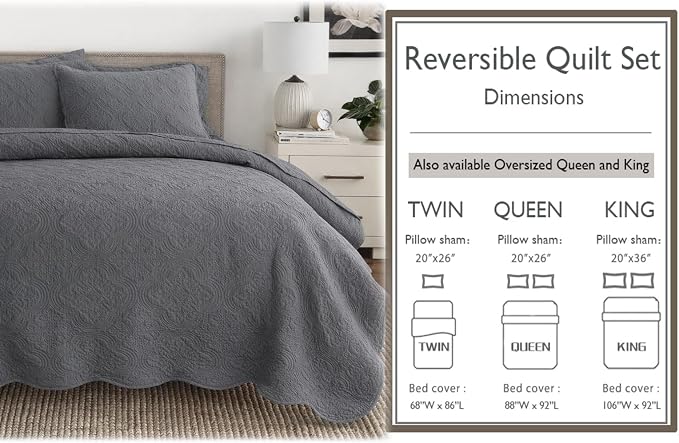 Cozy Line Home Fashions Charcoal Gray Cotton Quilt Set – 3-Piece Solid Textured - Image 7