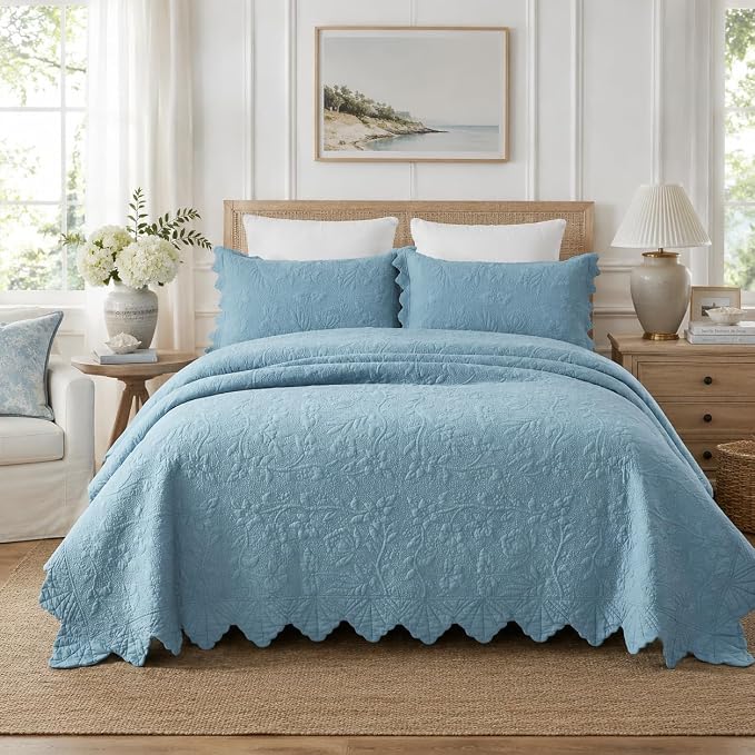 Brandream Luxury 100% Cotton Quilt Set Queen Size Blue Floral Vine Matelasse - Image 2