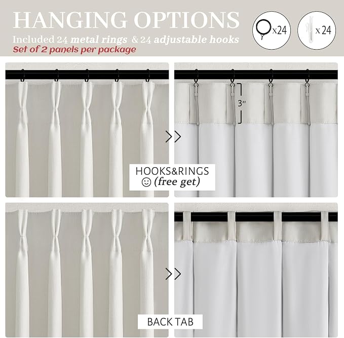 Extra Wide 70 Inch Beige White Blackout Bedroom Curtains 90 Inches Long 2 Panels - Image 8