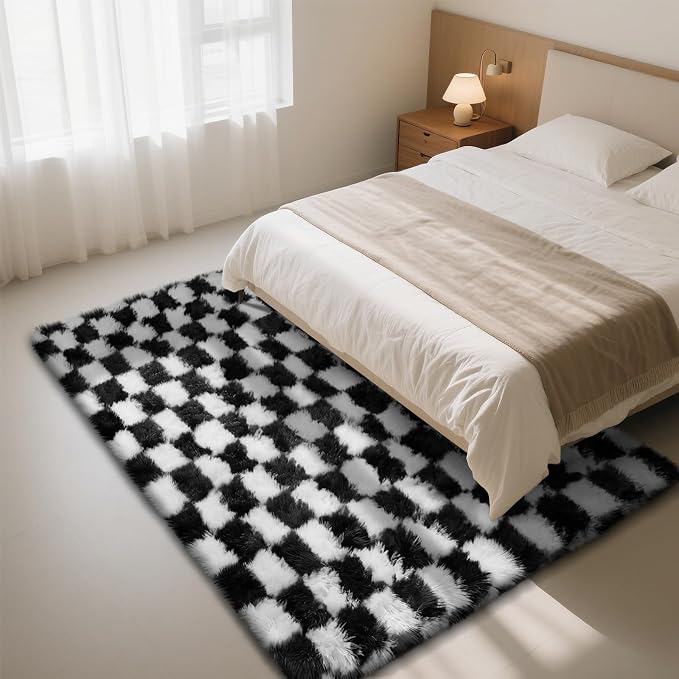 Black and White 6x9 Area Rugs for Bedroom, Fluffy Shag Rug Bedside Carpet | - Image 2