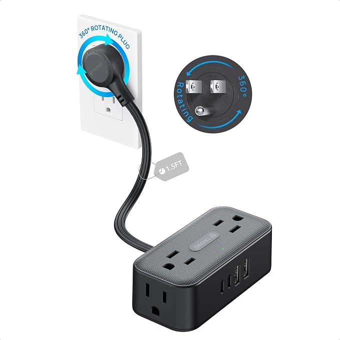 TROND 360° Rotating Flat Plug Power Strip 1.5ft, 4 Widely AC Outlets, Wall Mount by TRONDOfficial