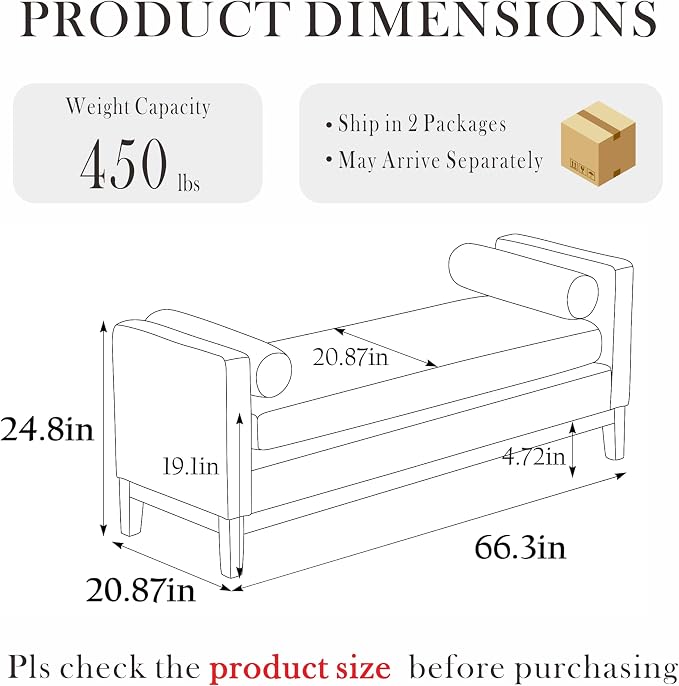 Aoiy & Wifon 66.34" W End of Bed Bench, King Size Upholstered Bench - Image 3