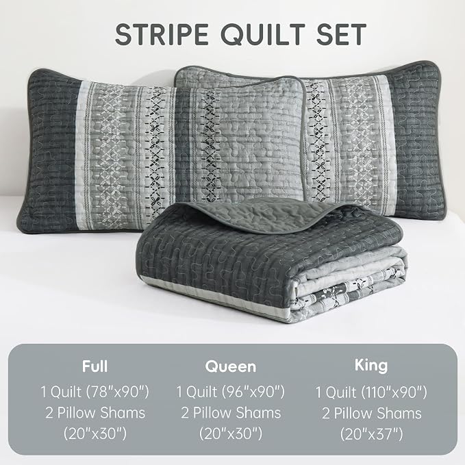 Cottolester Gery Quilt Set King, Soft Striped Texture Bedspread Coverlet Set | - Image 7