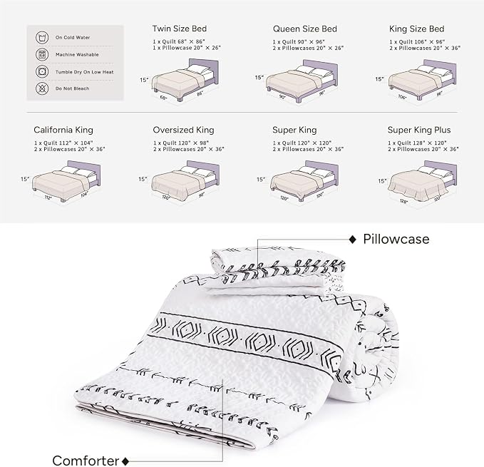 White California King Quilt Set, 3 Pieces Boho Striped Bedspread | Soft - Image 6