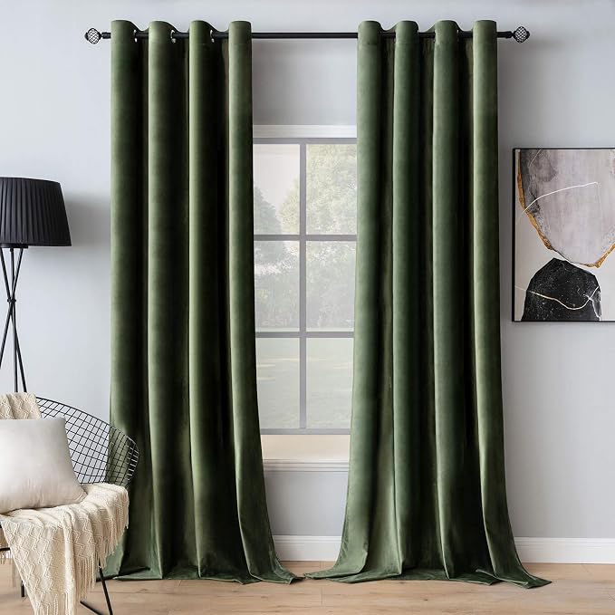 MIULEE Velvet Curtains Olive Green 52 x 84 Inch Length Set of 2 | Grommet Drapes by MIULEE