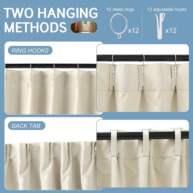 Etherealveil Beige Pinch Pleated Blackout Curtains 2 Panels 40"x63" | Back Tabs - Image 6