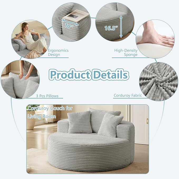 55'' Oversized Round Lounge Chaise Chair, Corduroy Upholstered Indoor Chaise - Image 5
