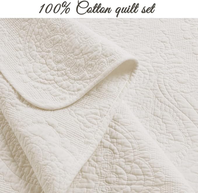 Cozy Line Home Fashions Ivory Cotton Quilt Set – 3-Piece Quilted Damask - Image 2