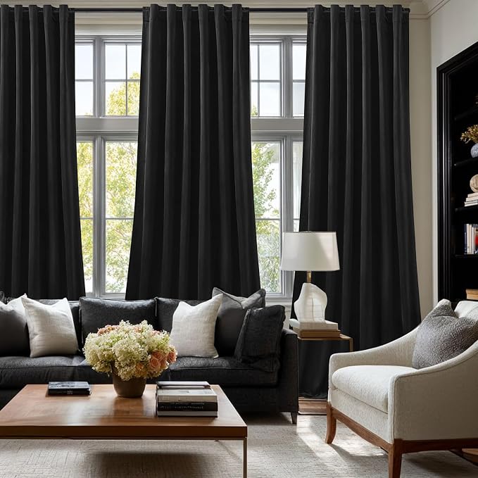 Black Velvet Blackout Curtains 96 Inches, Floor to Ceiling Drapes Back Tab | - Image 8