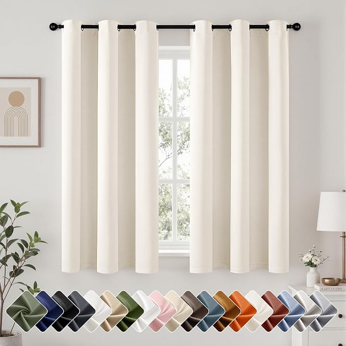 Short Beige White Blackout Kitchen Curtain W40 x L54 Inch 2 Panels | Thermal by Woaboy