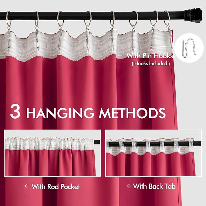 MIULEE Hot Pink Back Tab Blackout Curtains 52x120 Inch Long 2 Panels Set | Rod - Image 3