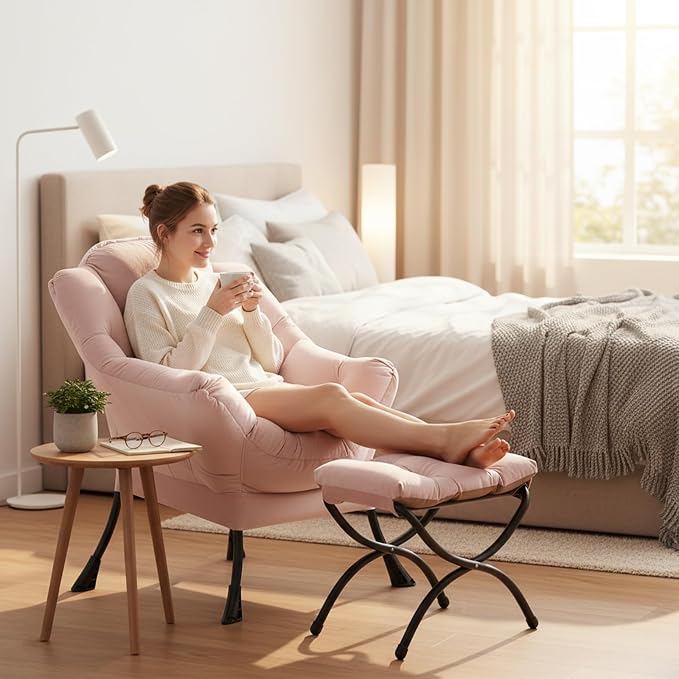 Welnow Lazy Chair with Ottoman, Reading Chair with Footrest, Foldable Footrest - Image 2