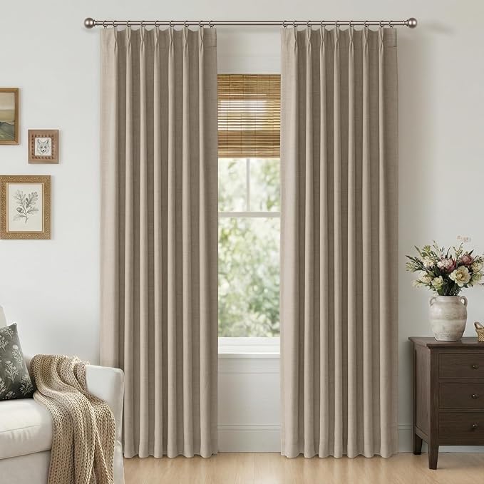 Pinch Pleated Full Blackout Faux Linen Curtains 96 Inches Long | Grey Beige by 100BlackoutShield