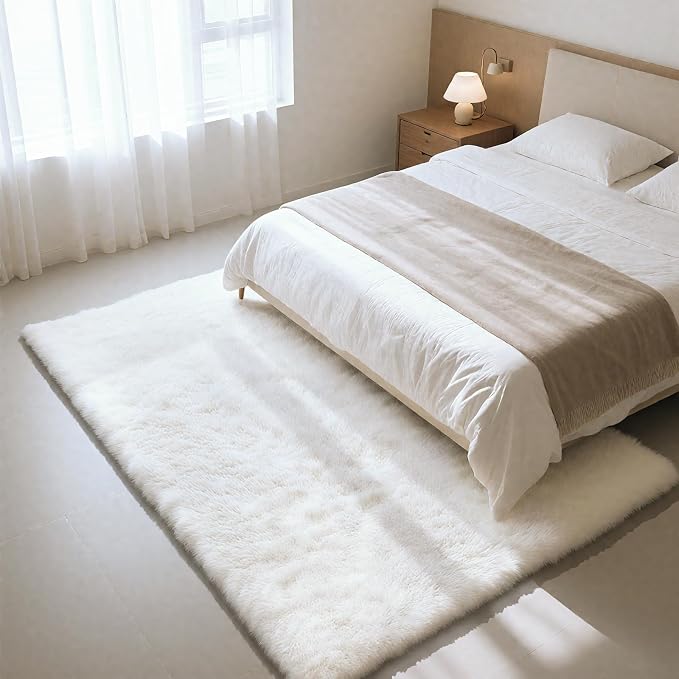 White 5x8 Area Rugs for Living Room, Fluffy Shag Rug Bedroom Carpet | Upgraded - Image 3