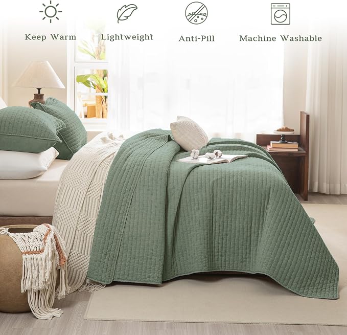 CozyTide Quilt King Size, Stone-Washed Cotton Lightweight King Bedspread 3Pcs - Image 2