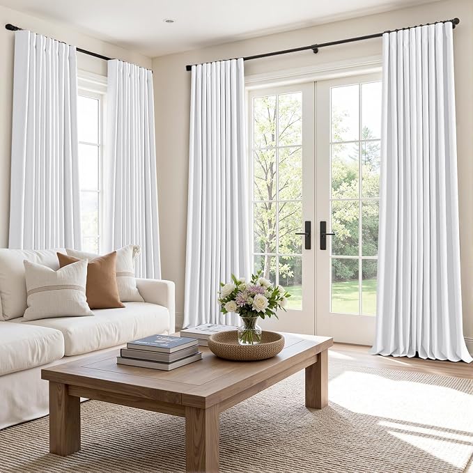 MIULEE 100% Blackout Back Tab Pleat Linen Curtains 50" Wx102 L, Bright White | - Image 2