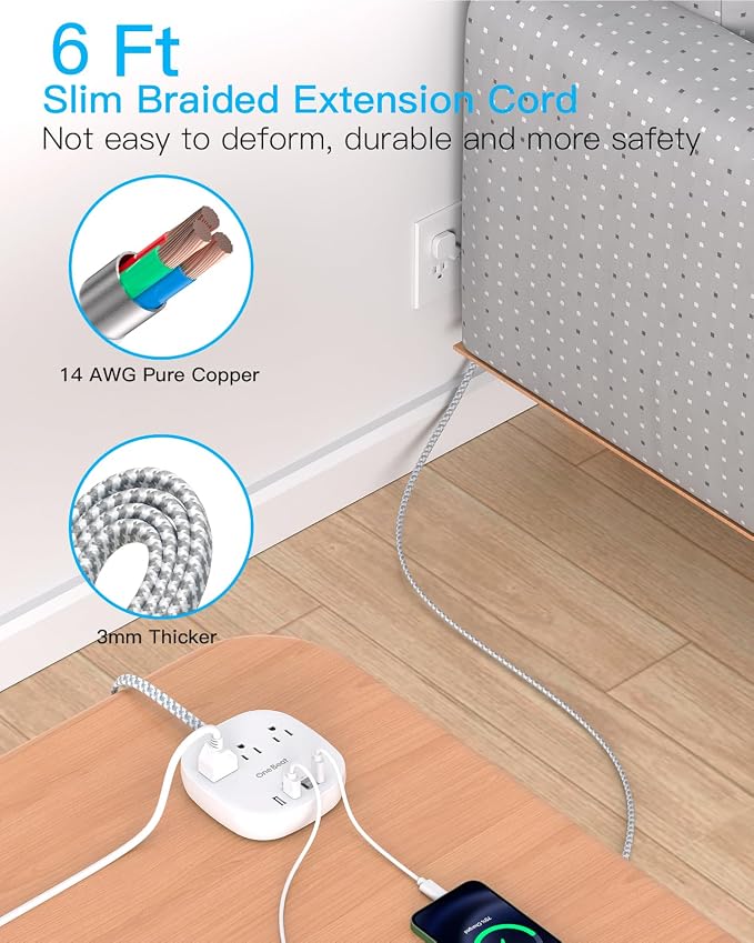 Travel Essentials, 22.5W/4.5A Flat Plug Power Strip, 6 Ft Extension Cord | 3 - Image 5