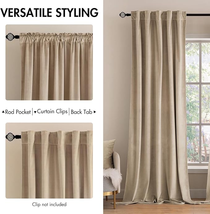 MIULEE Velvet Curtains 52x96 inches 2 Panels Cream Beige Blackout Curtains | - Image 2