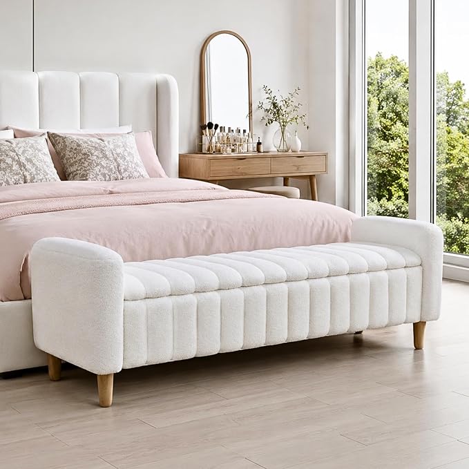63.4" Cute Teddy Fabric Ribbed King Size End of Bed Bench. | Entryway Ottoman by Aortzio