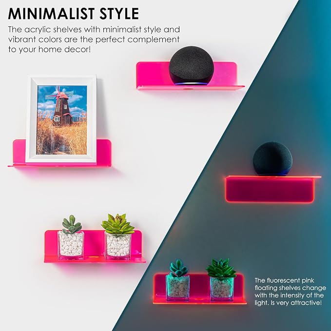 OAPRIRE Acrylic Floating Wall Shelves Fluorescent Pink, No Drill, 9 Inch 2P | - Image 4