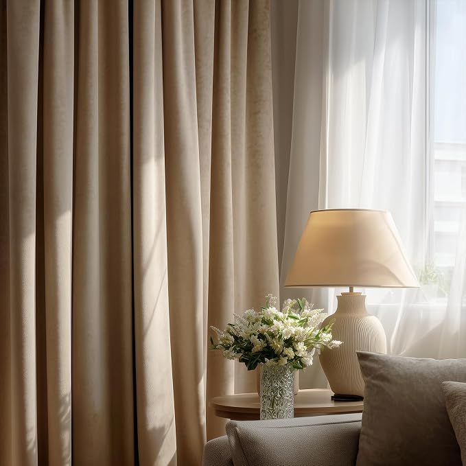 120 Inch Long Beige Velvet Curtains Elegant Luxury Boho Light Blocking Blackout - Image 3