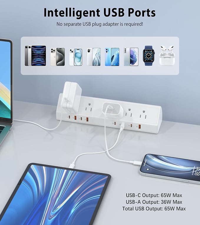 Jgstkcity Desk Clamp Power Strip USB C 65W, 8 USB, 10FT Cable, Fit 1.96'' - Image 5