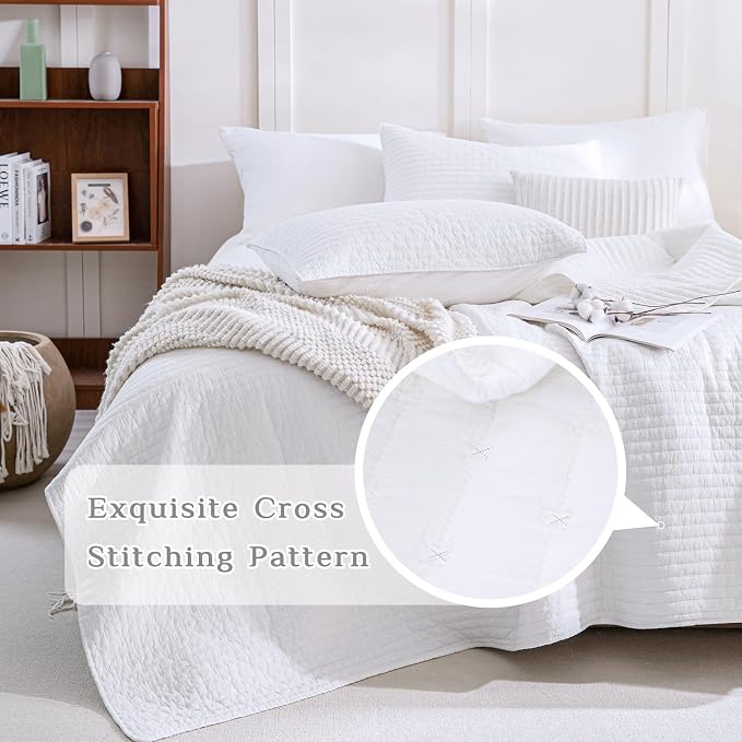 CozyTide Oversized King Quilt 120"x120", Stone-Washed Bright White Cotton - Image 3