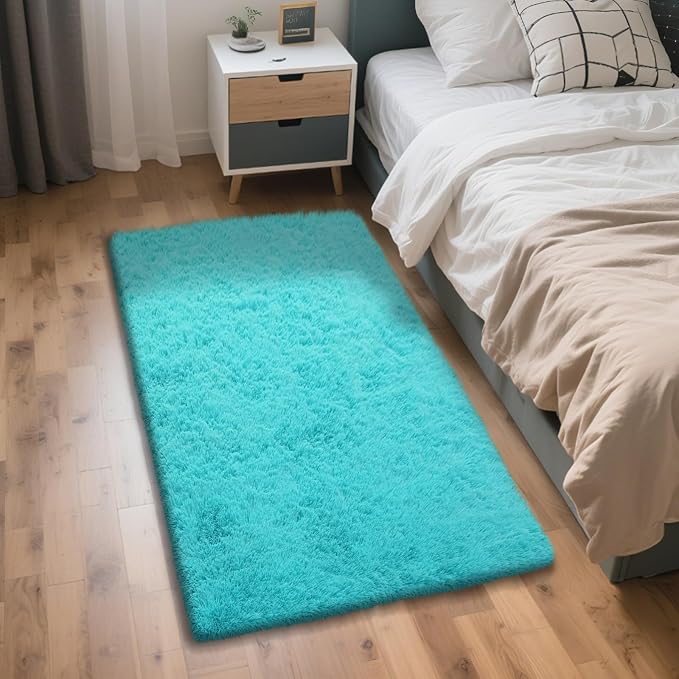Teal Blue 3x5 Area Rugs for Bedroom, Fluffy Rug Small Carpet Bedside Rug | by Yongyangjuxi