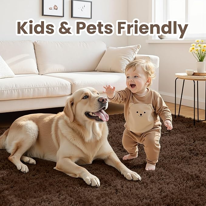 8x10 Fluffy Shag Area Rugs for Living Room Bedroom: Soft Plush Carpet Brown | - Image 4
