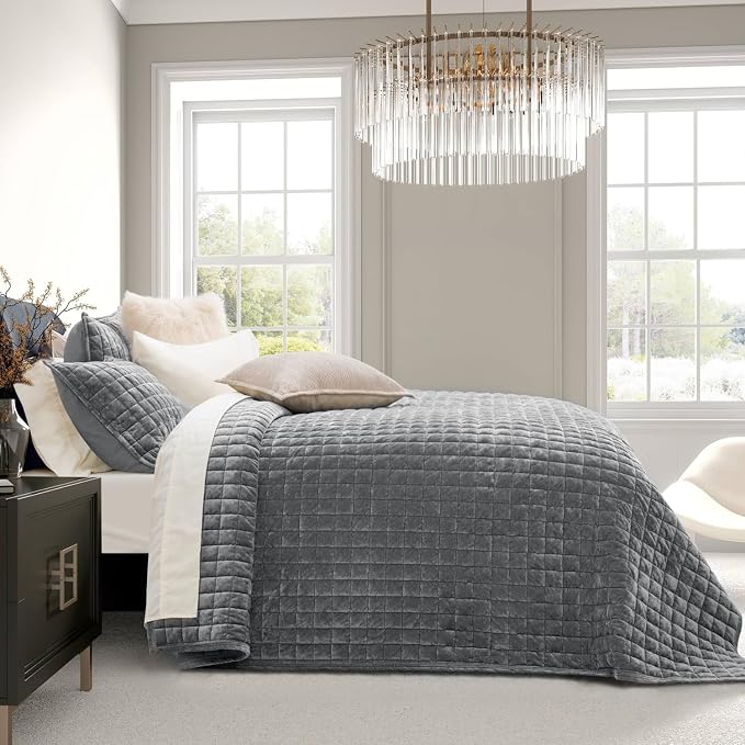 RECYCO Channel Box Stitch Velvet Quilt Set, Full Queen Size, Luxury Oversized - Image 2