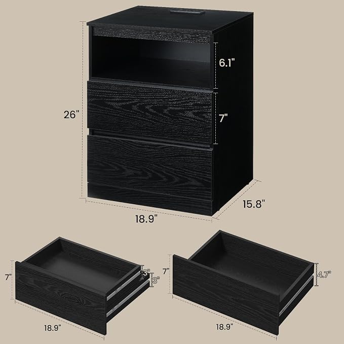 Nightstands Set of 2 with Charging Station, LED Lights, Hidden Drawer, Modern - Image 3