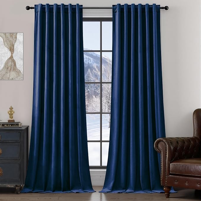 Extra Long Navy Blue Velvet Blackout Curtains 102 Inches Room Darkening | Black by AUSSPVOCT