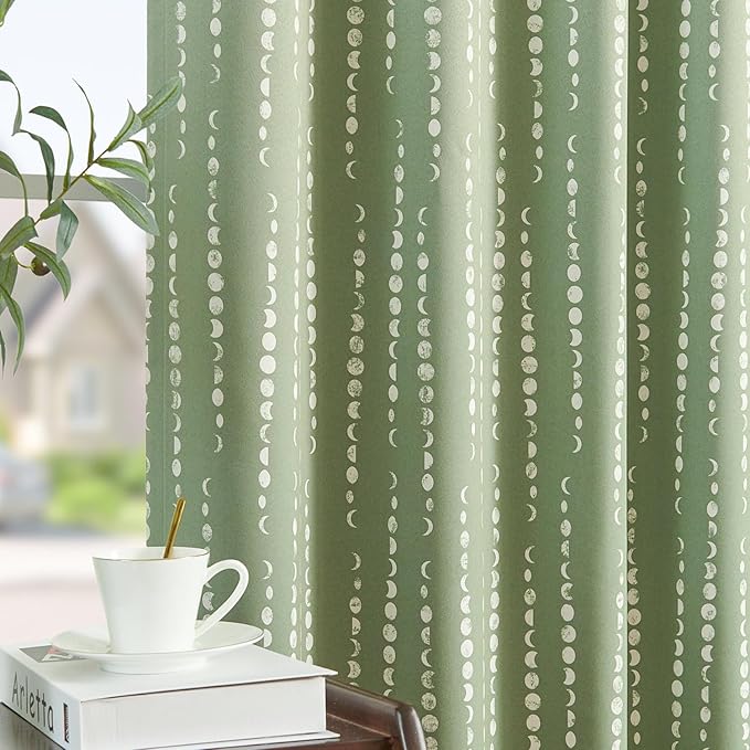 jinchan Boho Blackout Curtains 90 Inches Long Moon Phase Printed Drapes | Sage by JINCHAN