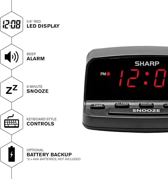 Sharp Digital Alarm Clock with Keyboard Controls, Large Snooze - Image 3