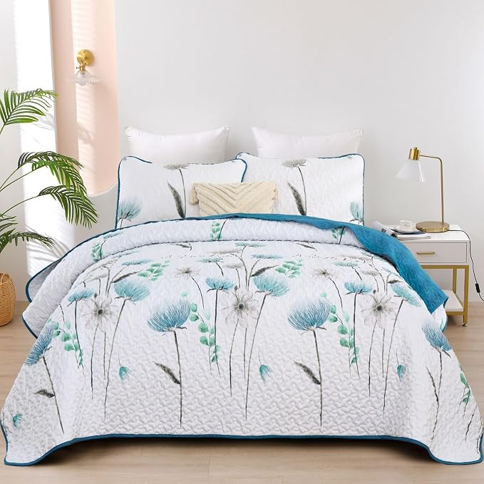 Dinjoy Floral Quilt Set Queen, Teal Fower Bedspread Coverlet Set 3 Pieces | by DINJOY