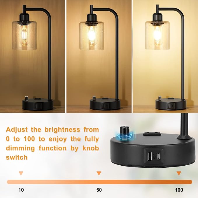 Industrial Bedside Lamps Set of 2, Fully Dimmable Desk Lamps - Image 3