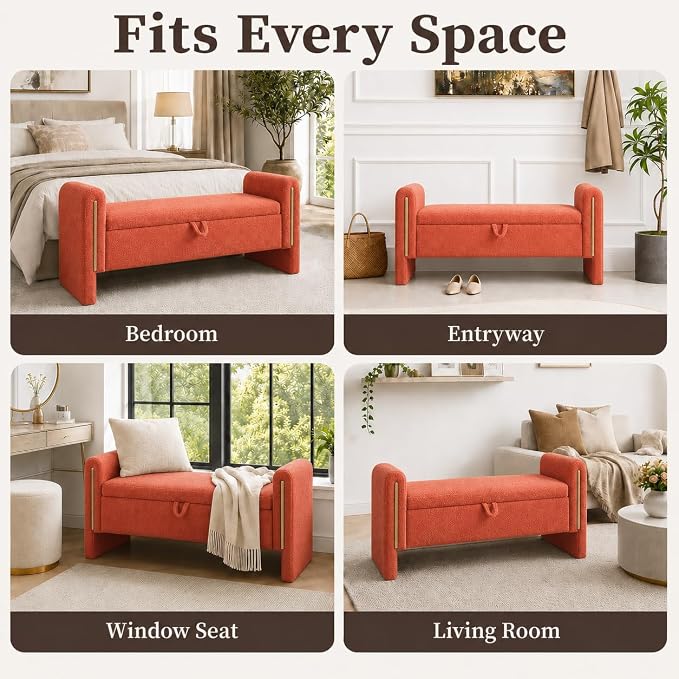 52" Upholstered Storage Bench, Wood Frame | Mid-century storage ottoman bench - Image 9