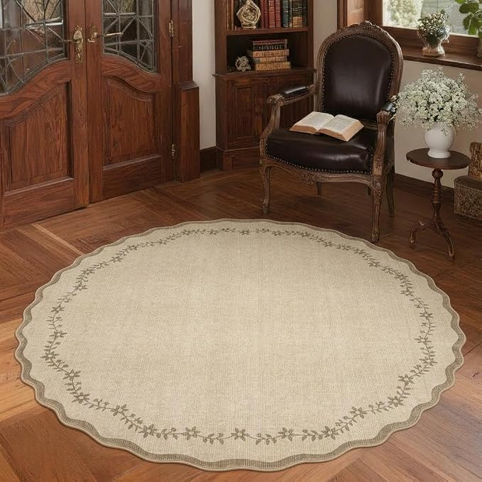 GarveeHome Round Rugs 4ft Scalloped Washable Small Circle Rug - Image 2