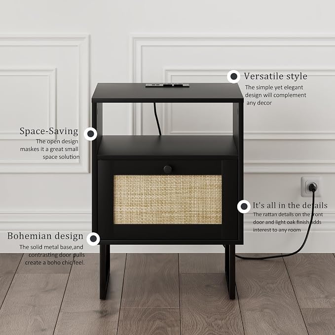 Masupu Rattan Nightstand with Charging Station, Modern Boho Farmhouse Wood - Image 8