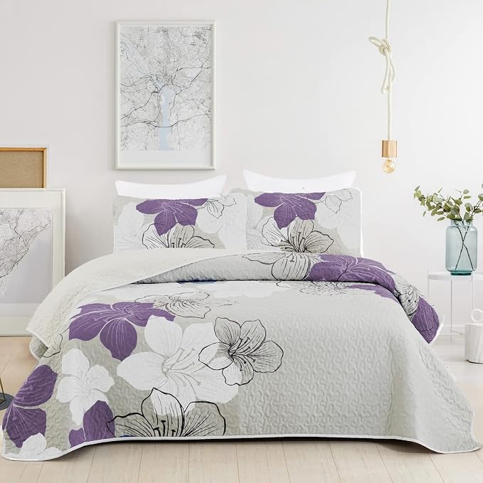DJY 3 Pieces Quilt Set California King Purple Floral Pattern Quilt Coverlet Set by HOME