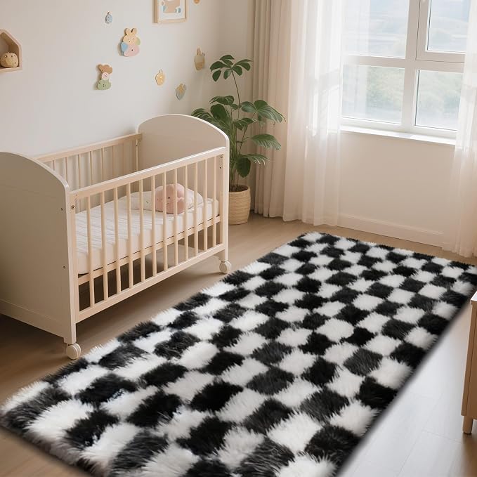 Black and White 3x7 Area Rugs for Bedroom, Fluffy Rug Small Bedside Carpet | - Image 2