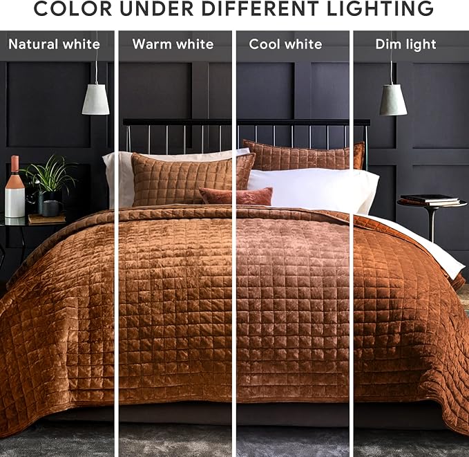 RECYCO Channel Box Stitch Velvet Quilt Set, Queen Size, Rusty Burnt Orange | - Image 7
