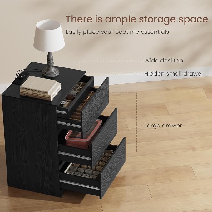 Nightstand with Charging Station and Hidden Drawer, Modern Night Stand - Image 4