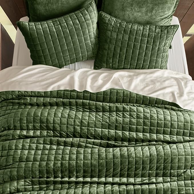 RECYCO Channel Box Stitch Velvet Quilt Set, Full Queen Size, Loden Green | - Image 3