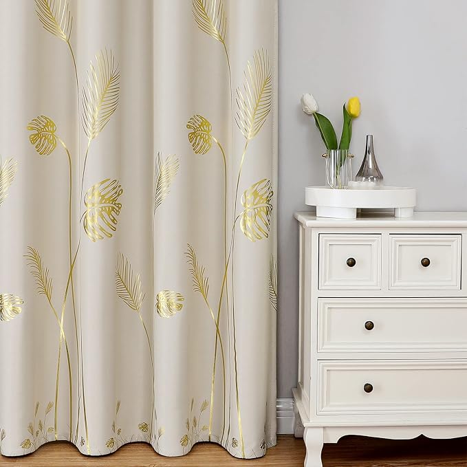 Tropical Leaves Window Curtains Grommet Gold Palm Tree Blackout Curtains Window - Image 2