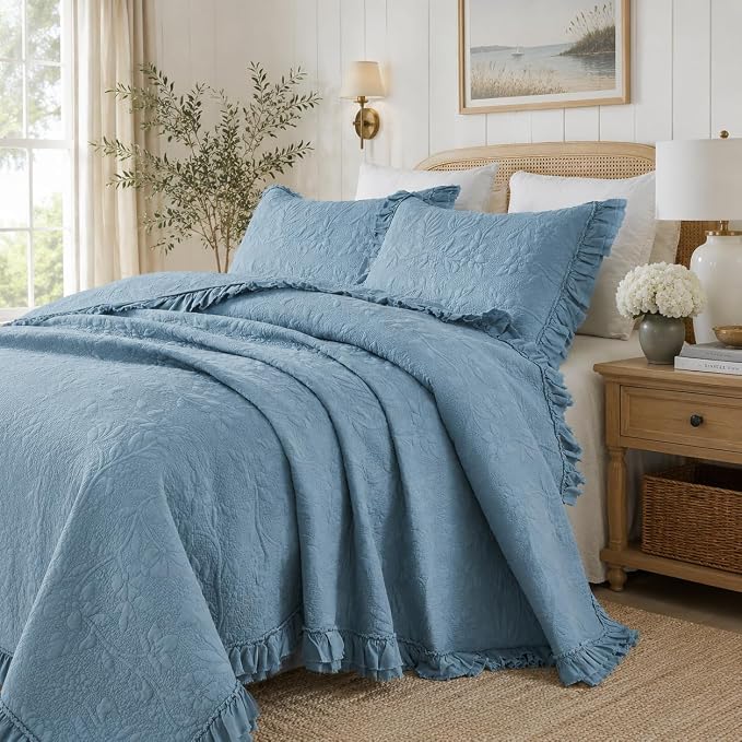 Brandream Luxury 100% Cotton Quilt Set Queen Size Blue Floral Vine Matelasse - Image 3