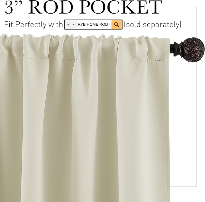 RYB HOME Short Beige Curtains for Small Bedroom Window Cafe | Thermal Insulating - Image 2