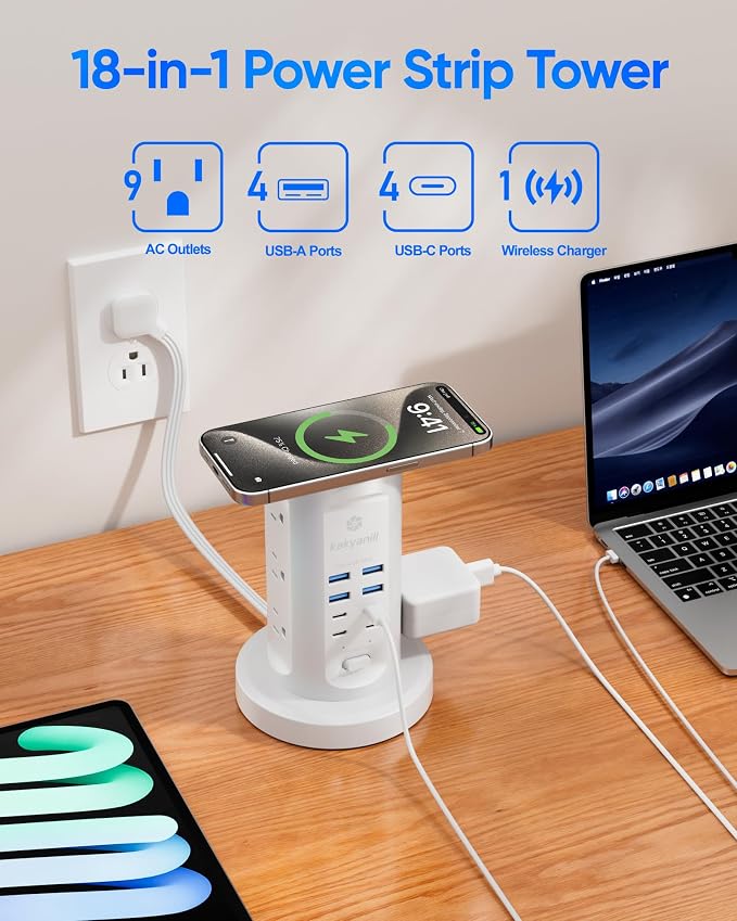 Power Strip Tower, kakyanill Charging Station 9 AC Outlets 8 USB Ports | 6 Ft - Image 3