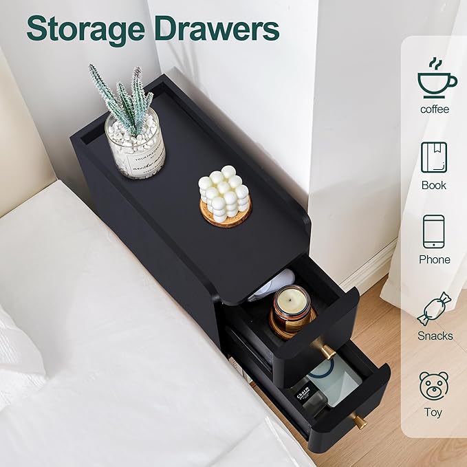 Narrow Nightstand Set of 2, Wooden Small 2 Drawer Nightstand, Slim Side End - Image 6