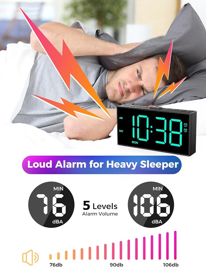 Digital Alarm Clock for Heavy Sleepers, 7.5-Inch RGB Display, Dual Alarms | 10 - Image 6